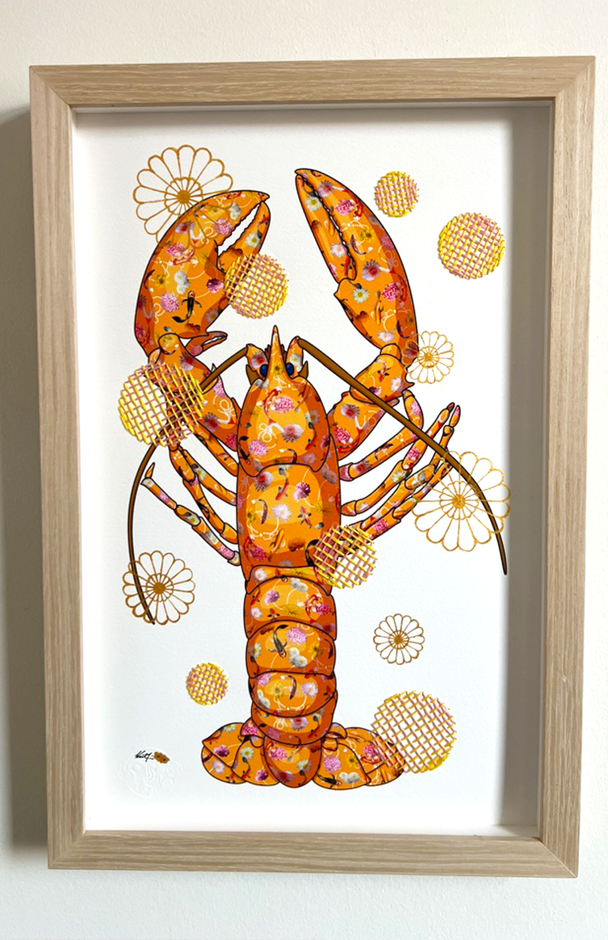 Orange Lobster mixed media with Pink and Yellow Embroidery  - custom framed with art glass