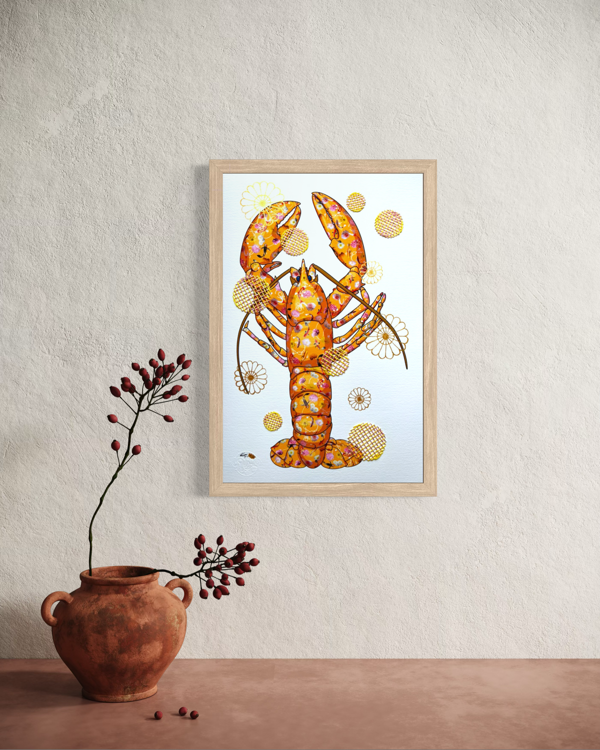 Orange Lobster mixed media with Pink and Yellow Embroidery  - custom framed with art glass