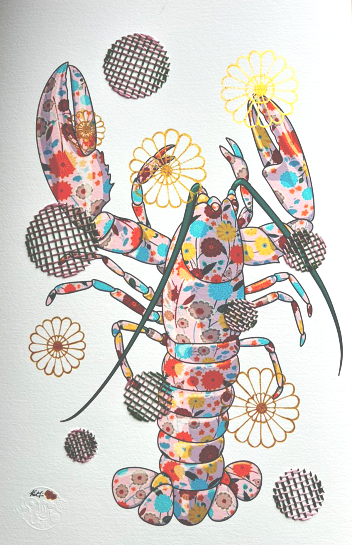 Pink Lobster mixed media with Dark Green / Pink Embroidery  - custom framed with art glass