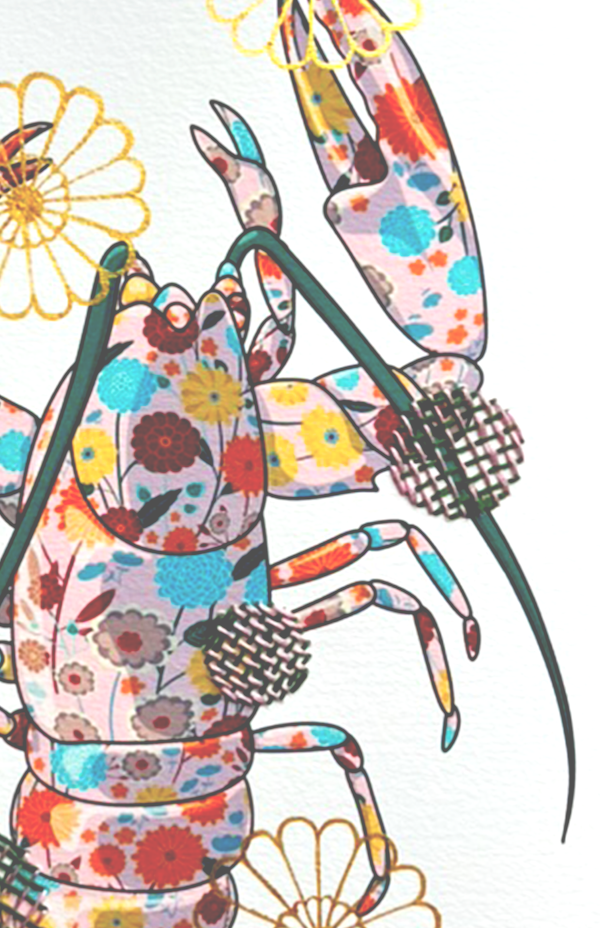 Pink Lobster mixed media with Dark Green / Pink Embroidery  - custom framed with art glass
