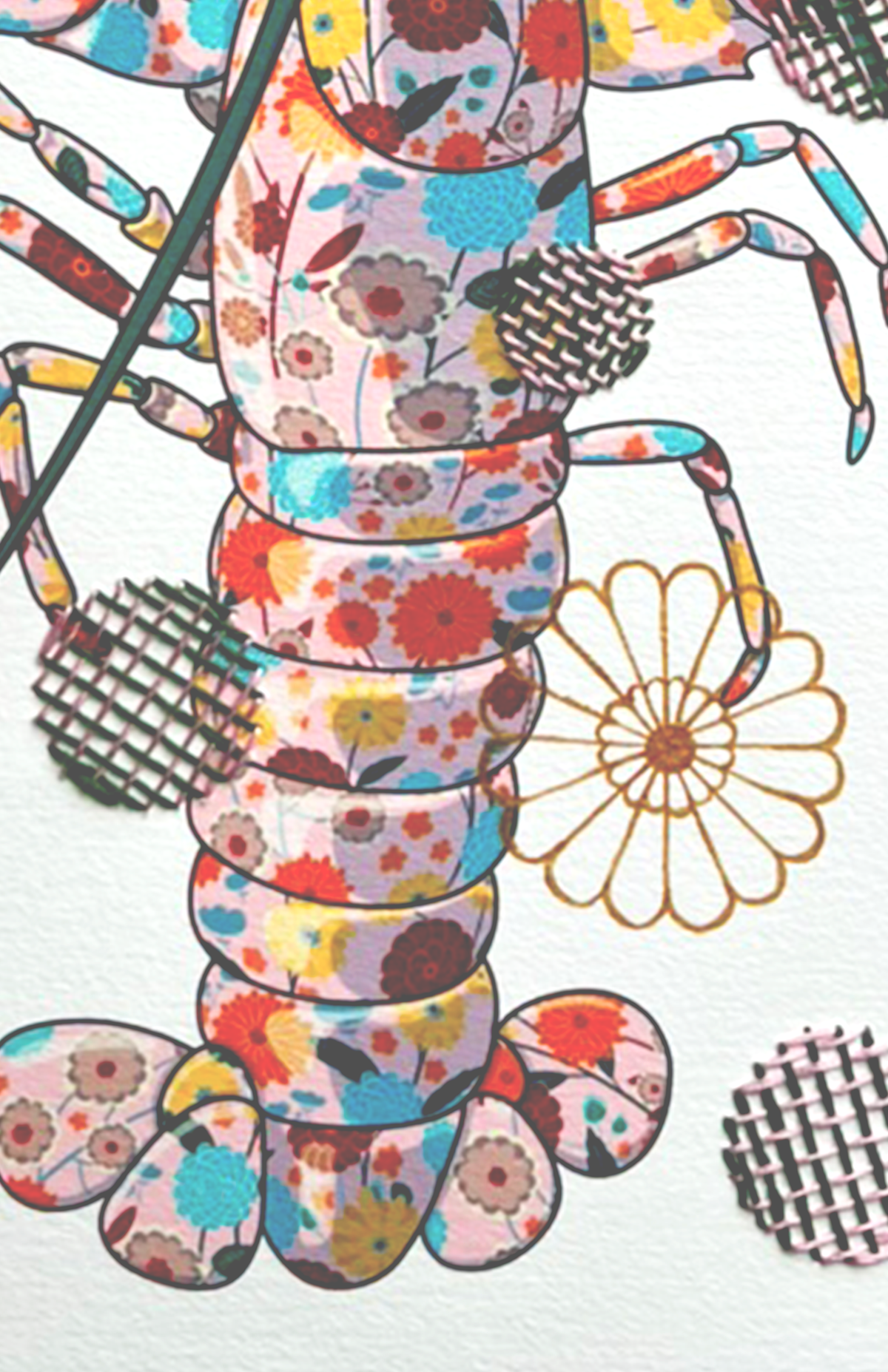 Pink Lobster mixed media with Dark Green / Pink Embroidery  - custom framed with art glass