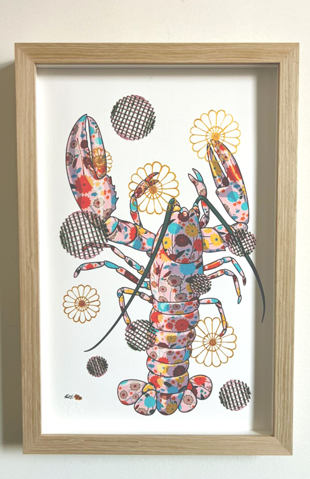 Pink Lobster mixed media with Dark Green / Pink Embroidery  - custom framed with art glass
