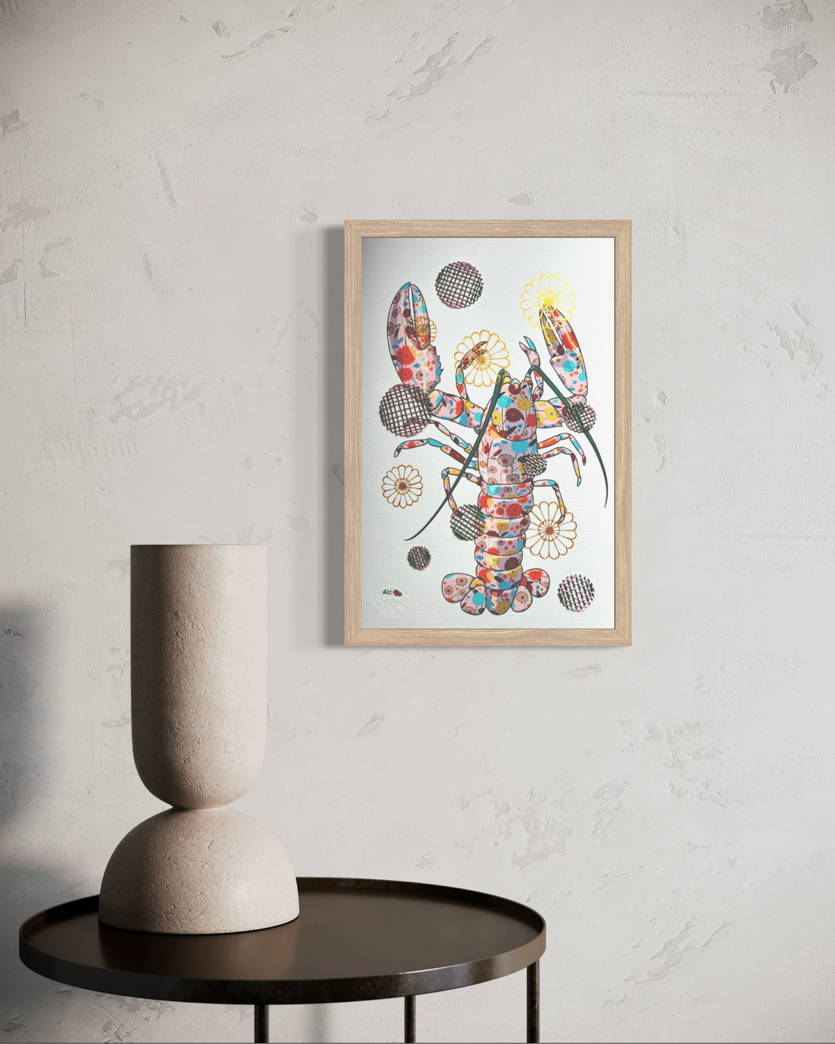 Pink Lobster mixed media with Dark Green / Pink Embroidery  - custom framed with art glass