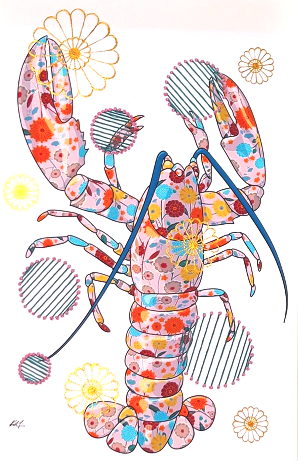 Pink Lobster mixed media with Dark Teal / Pink French Knot Embroidery  - custom framed with art glass