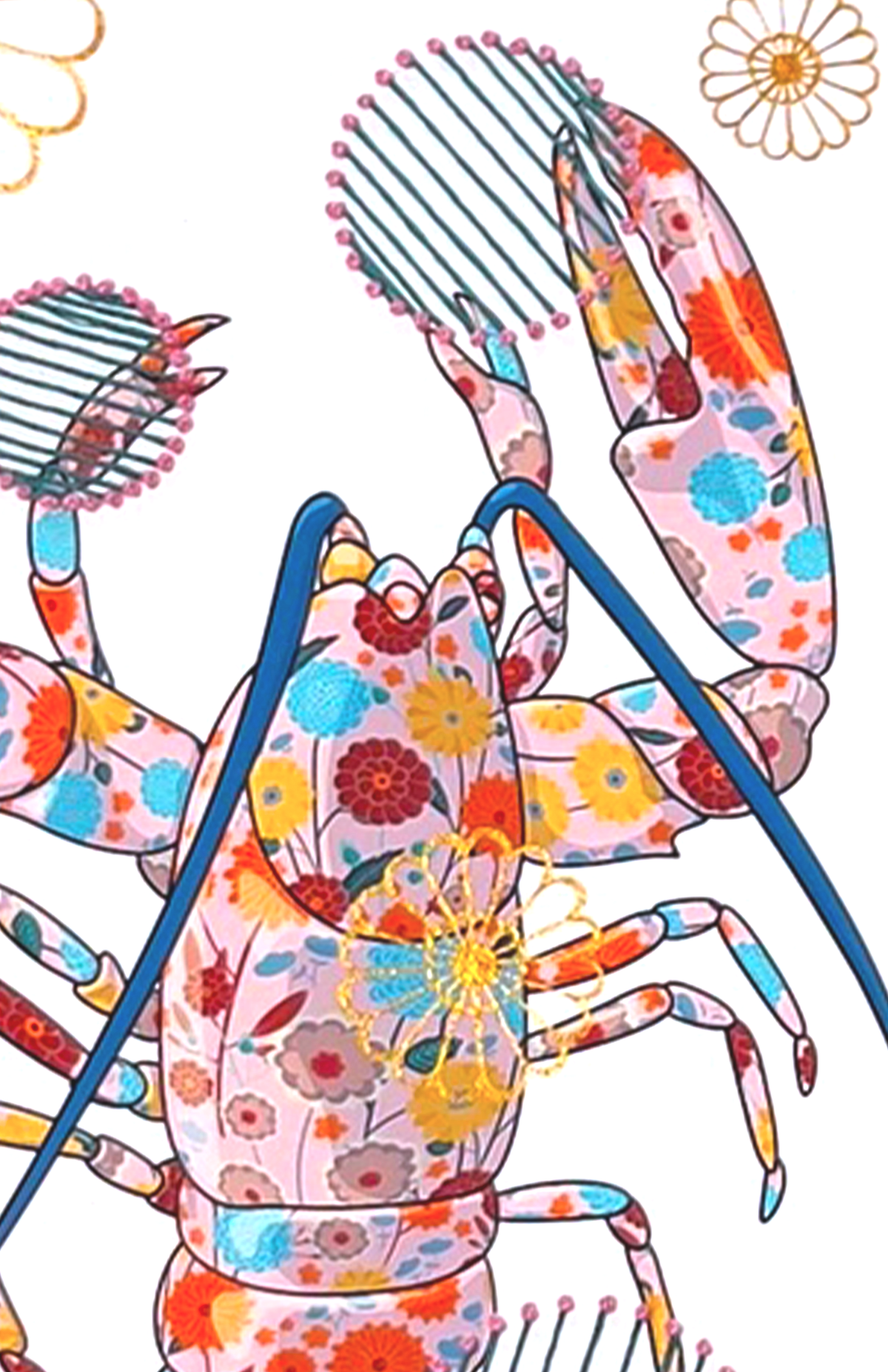 Pink Lobster mixed media with Dark Teal / Pink French Knot Embroidery  - custom framed with art glass