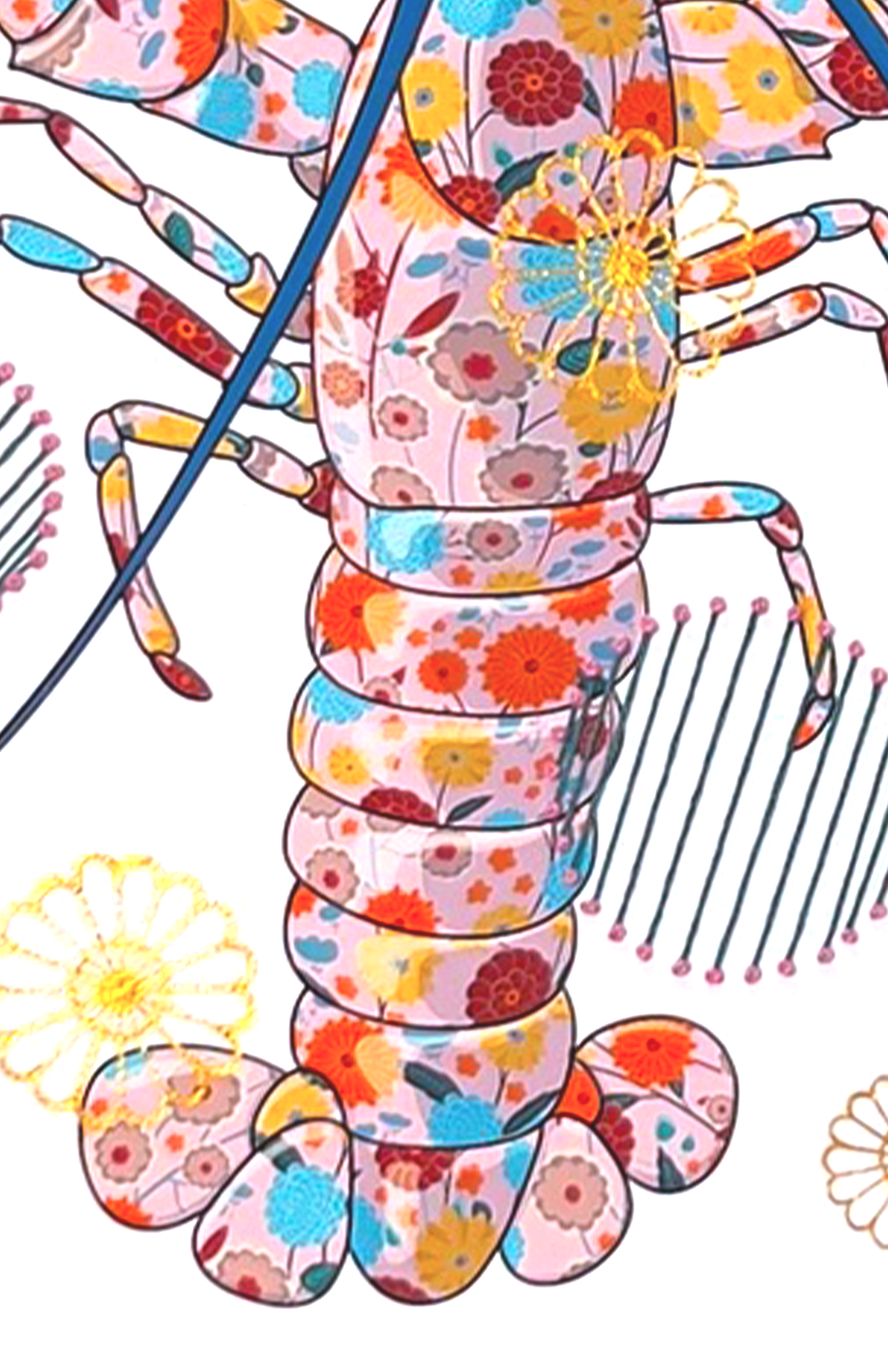 Pink Lobster mixed media with Dark Teal / Pink French Knot Embroidery  - custom framed with art glass