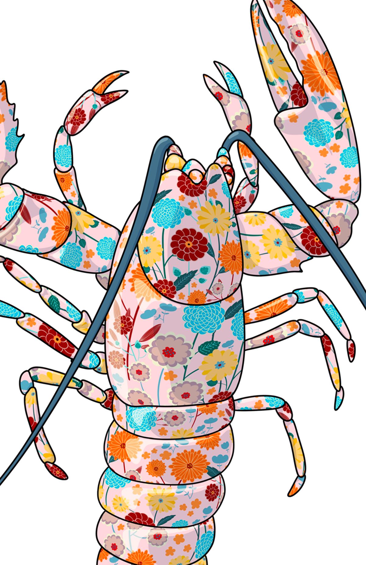 Pink Lobster mixed media with Dark Teal / Pink French Knot Embroidery  - custom framed with art glass