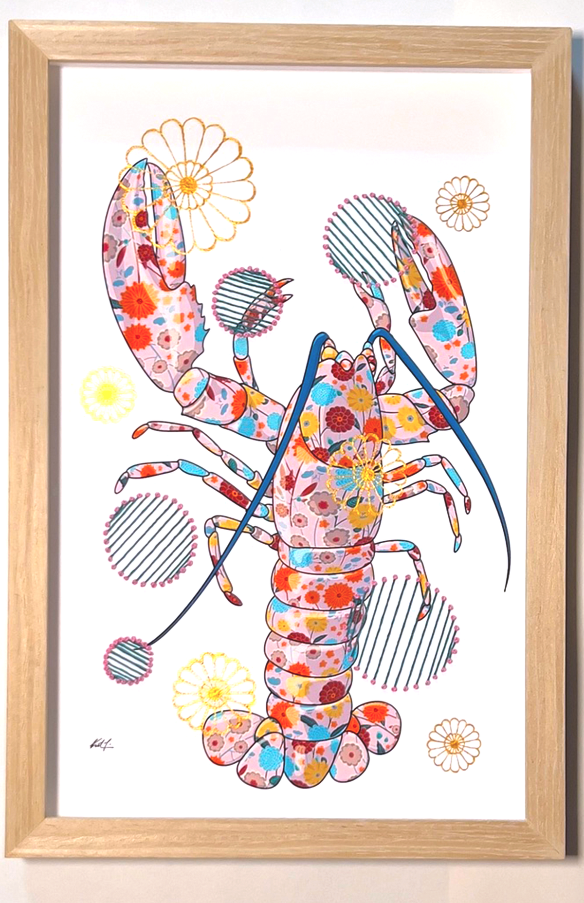 Pink Lobster mixed media with Dark Teal / Pink French Knot Embroidery  - custom framed with art glass