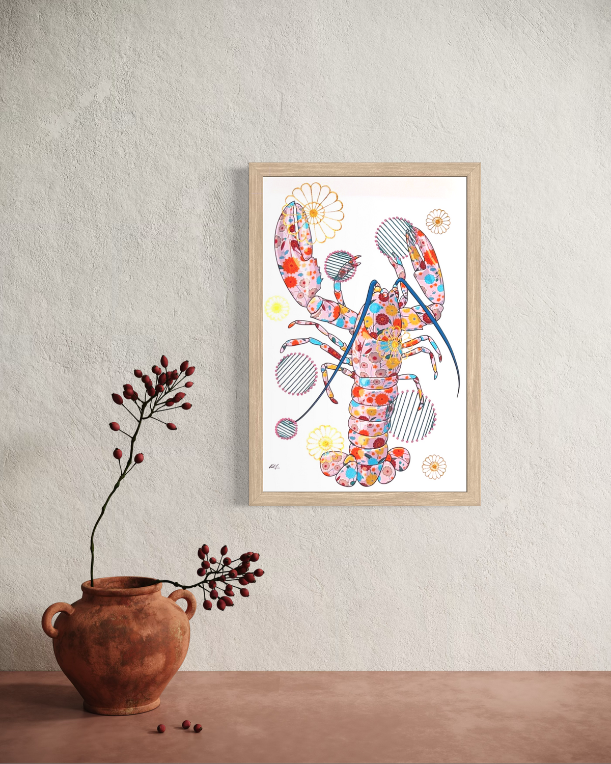 Pink Lobster mixed media with Dark Teal / Pink French Knot Embroidery  - custom framed with art glass