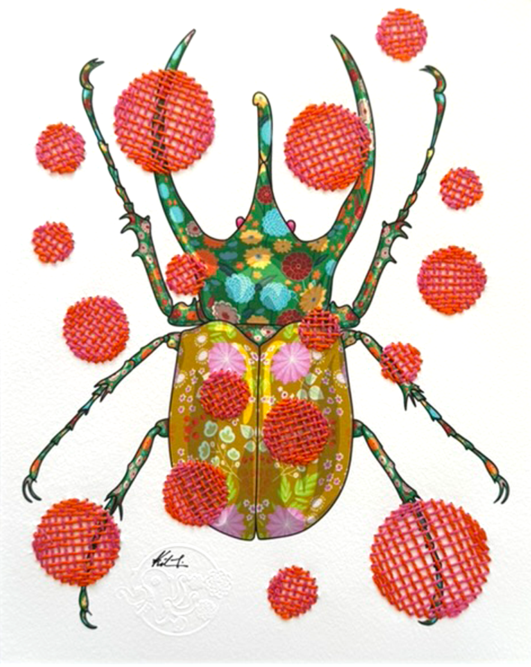 Rhinoceros Beetle mixed media with Pink and Red Basket Embroidery - custom framed with art glass