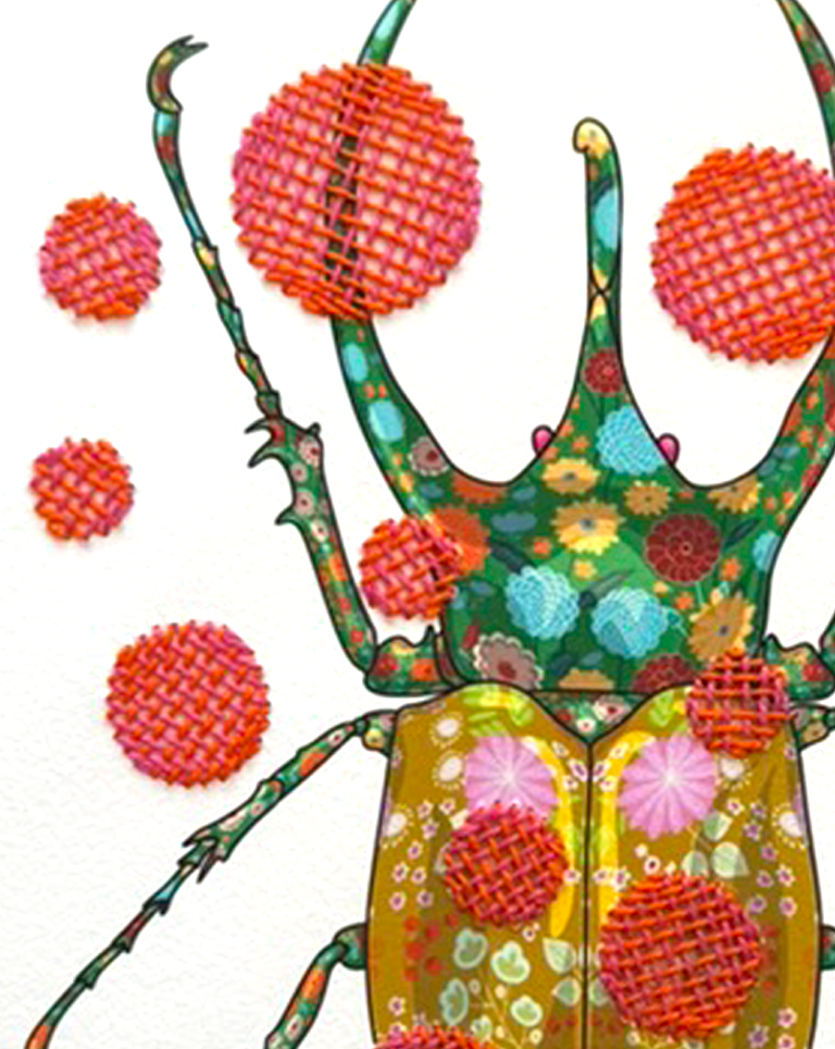 Rhinoceros Beetle mixed media with Pink and Red Basket Embroidery - custom framed with art glass