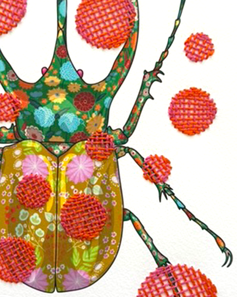 Rhinoceros Beetle mixed media with Pink and Red Basket Embroidery - custom framed with art glass
