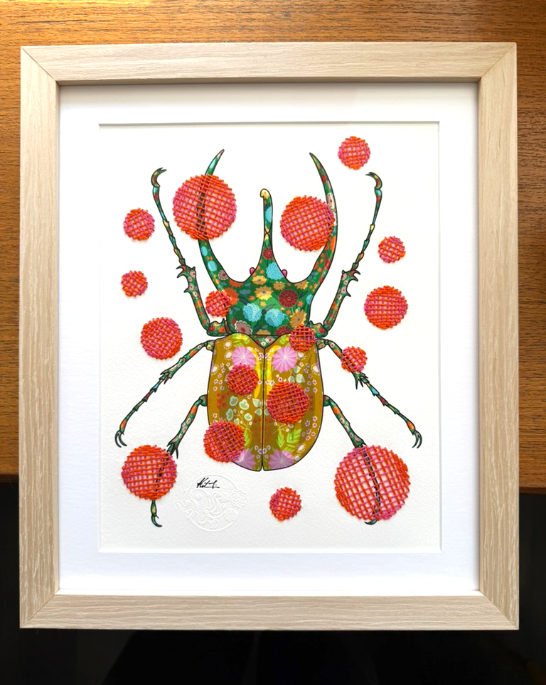 Rhinoceros Beetle mixed media with Pink and Red Basket Embroidery - custom framed with art glass