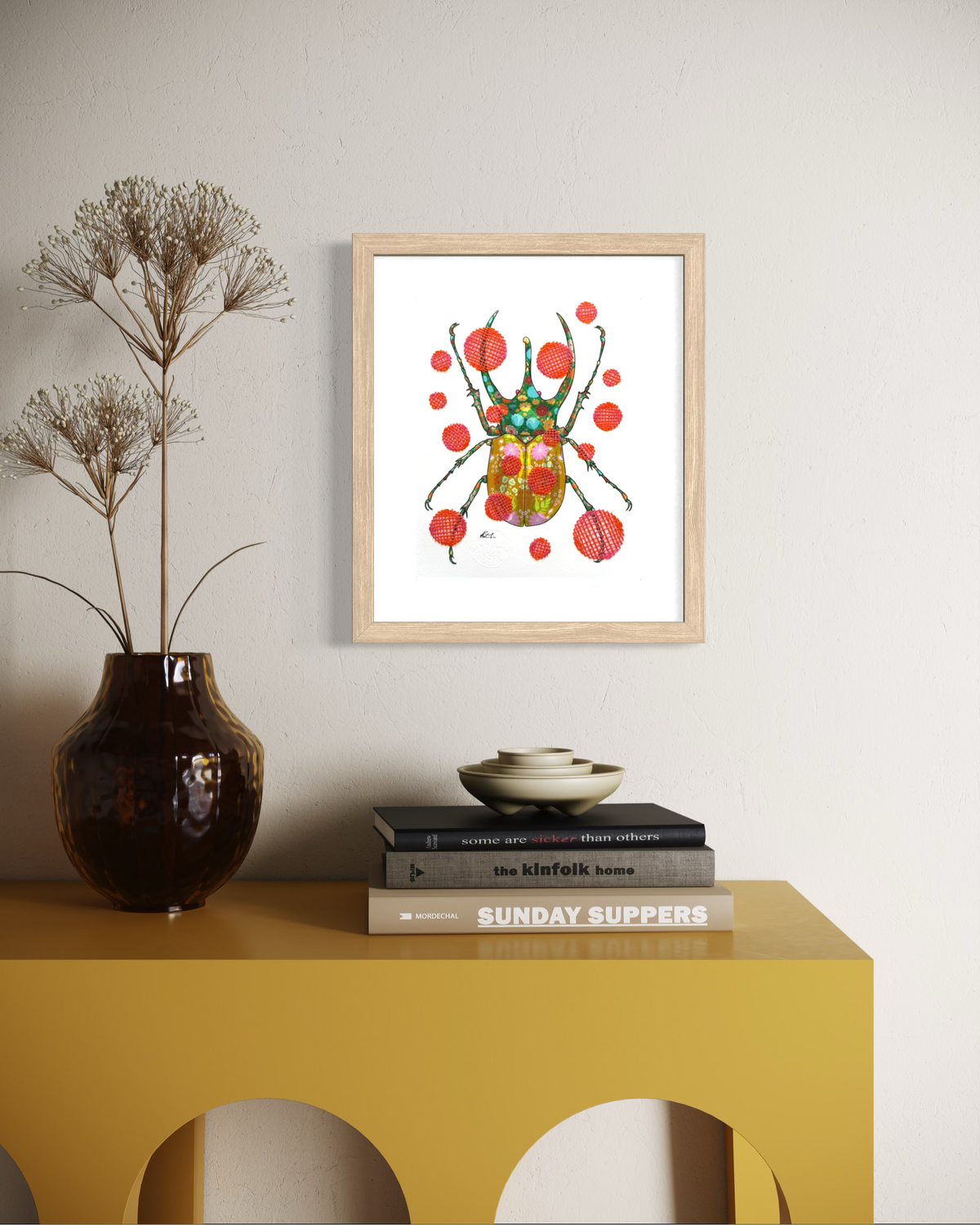 Rhinoceros Beetle mixed media with Pink and Red Basket Embroidery - custom framed with art glass