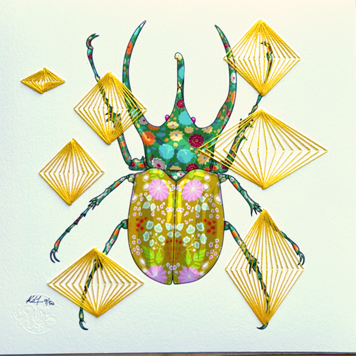 Rhinoceros Beetle mixed media with Yellow Rhombus Embroidery - custom framed with art glass