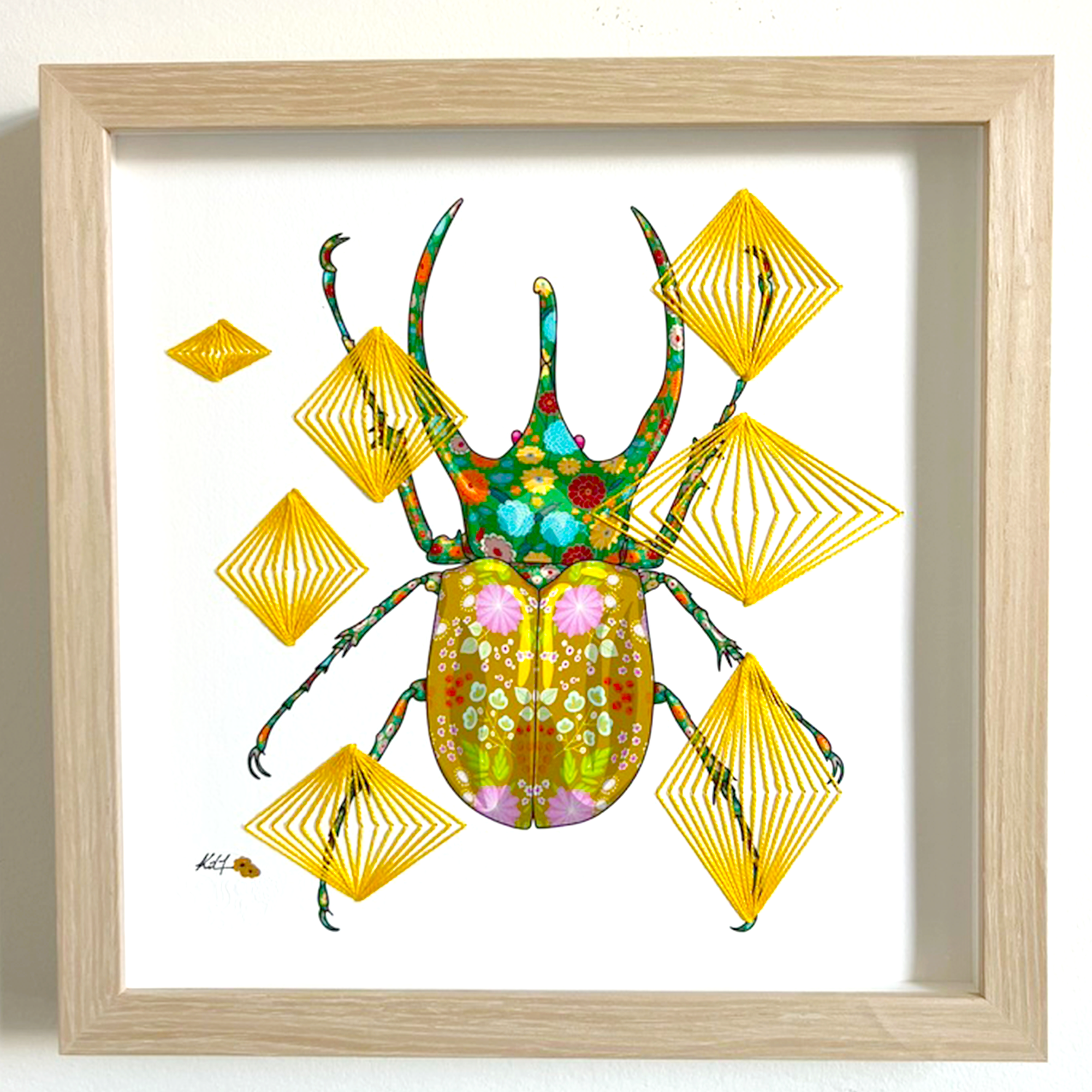 Rhinoceros Beetle mixed media with Yellow Rhombus Embroidery - custom framed with art glass