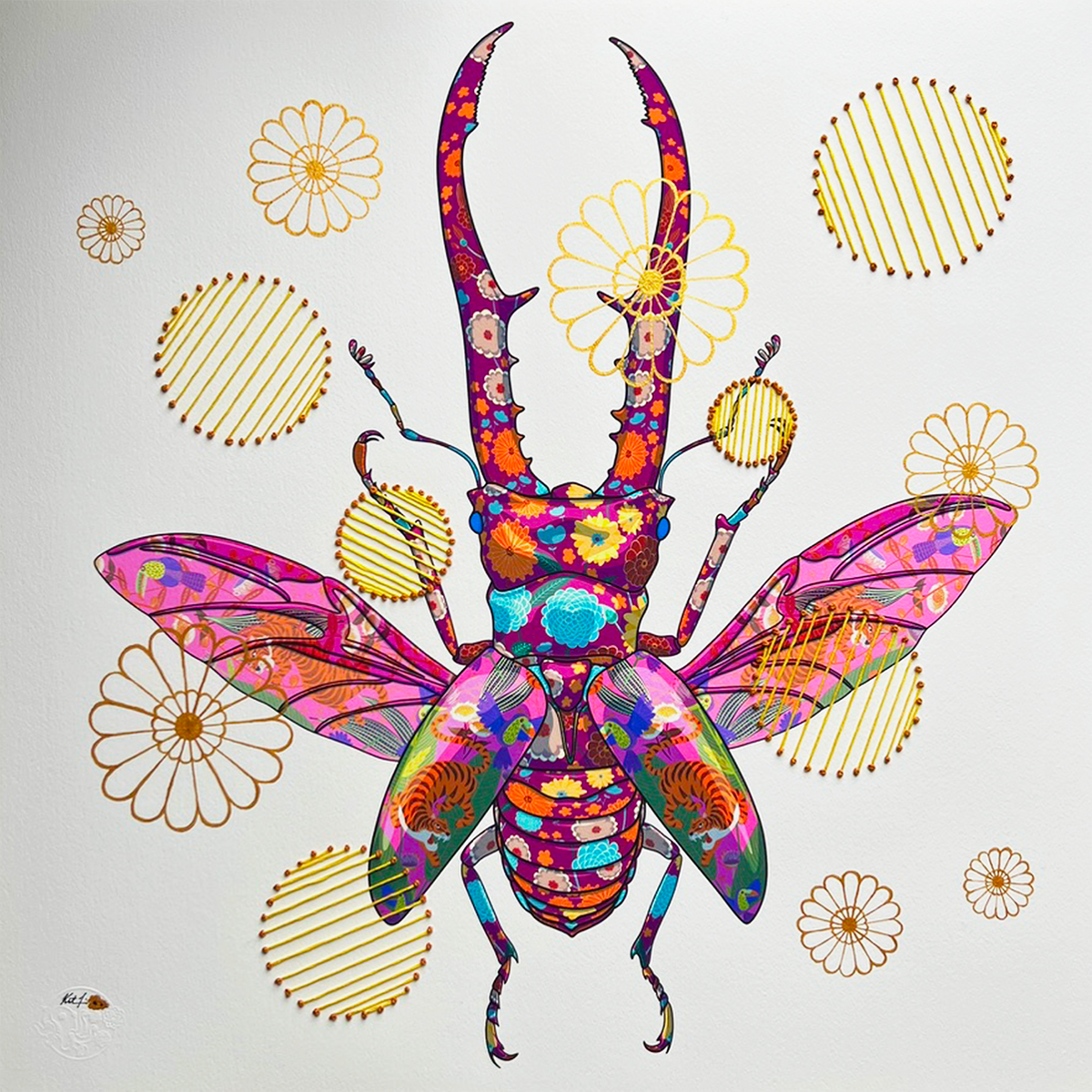 Stag Beetle Large Mixed Media - custom frame and art glass