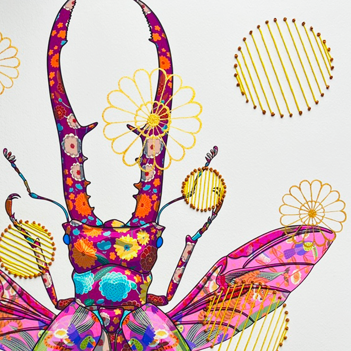 Stag Beetle Large Mixed Media - custom frame and art glass