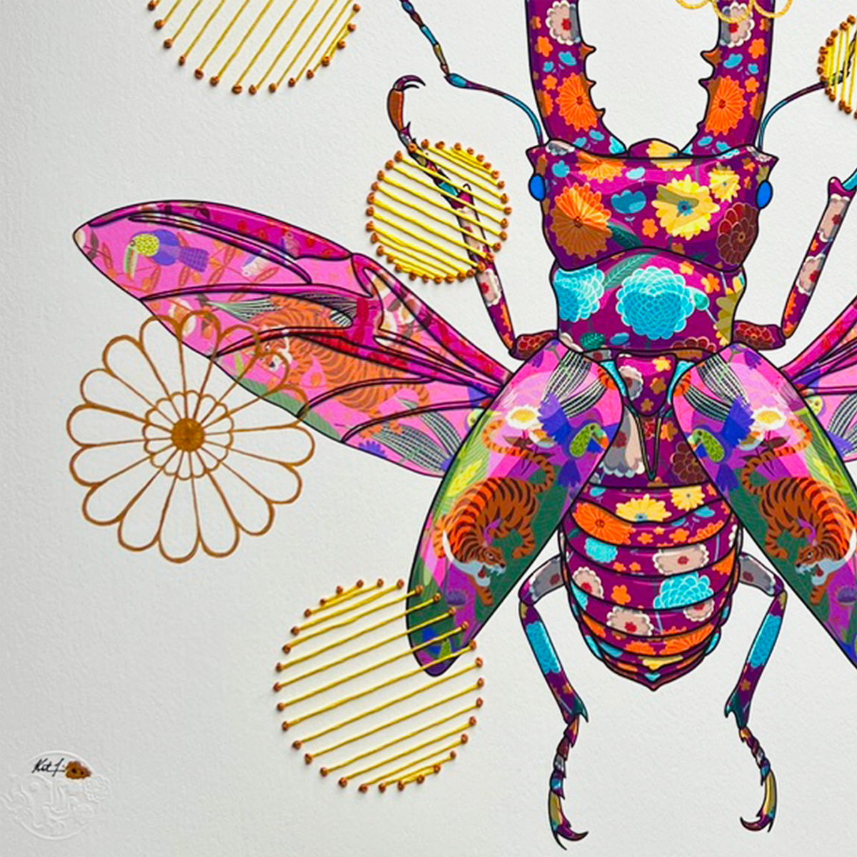 Stag Beetle Large Mixed Media - custom frame and art glass
