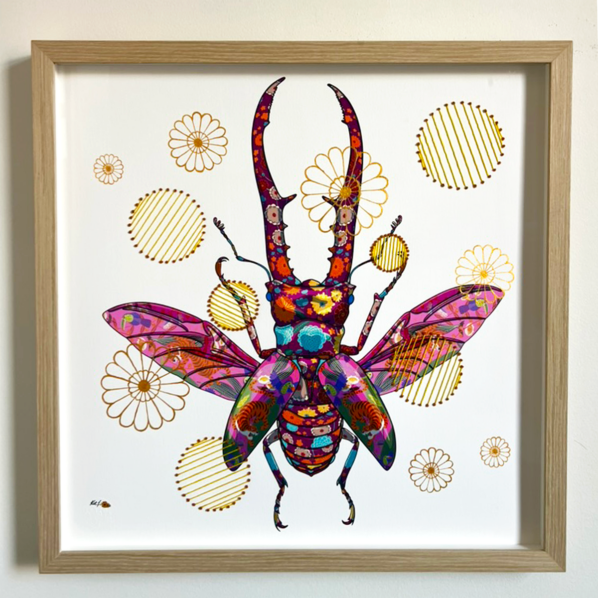Stag Beetle Large Mixed Media - custom frame and art glass
