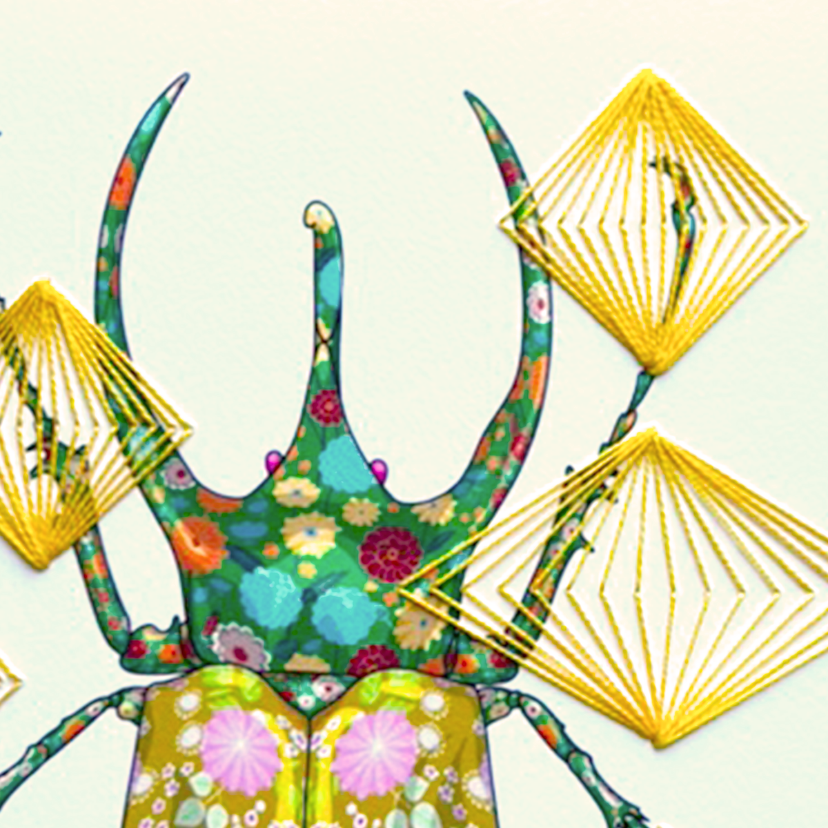Rhinoceros Beetle mixed media with Yellow Rhombus Embroidery - custom framed with art glass
