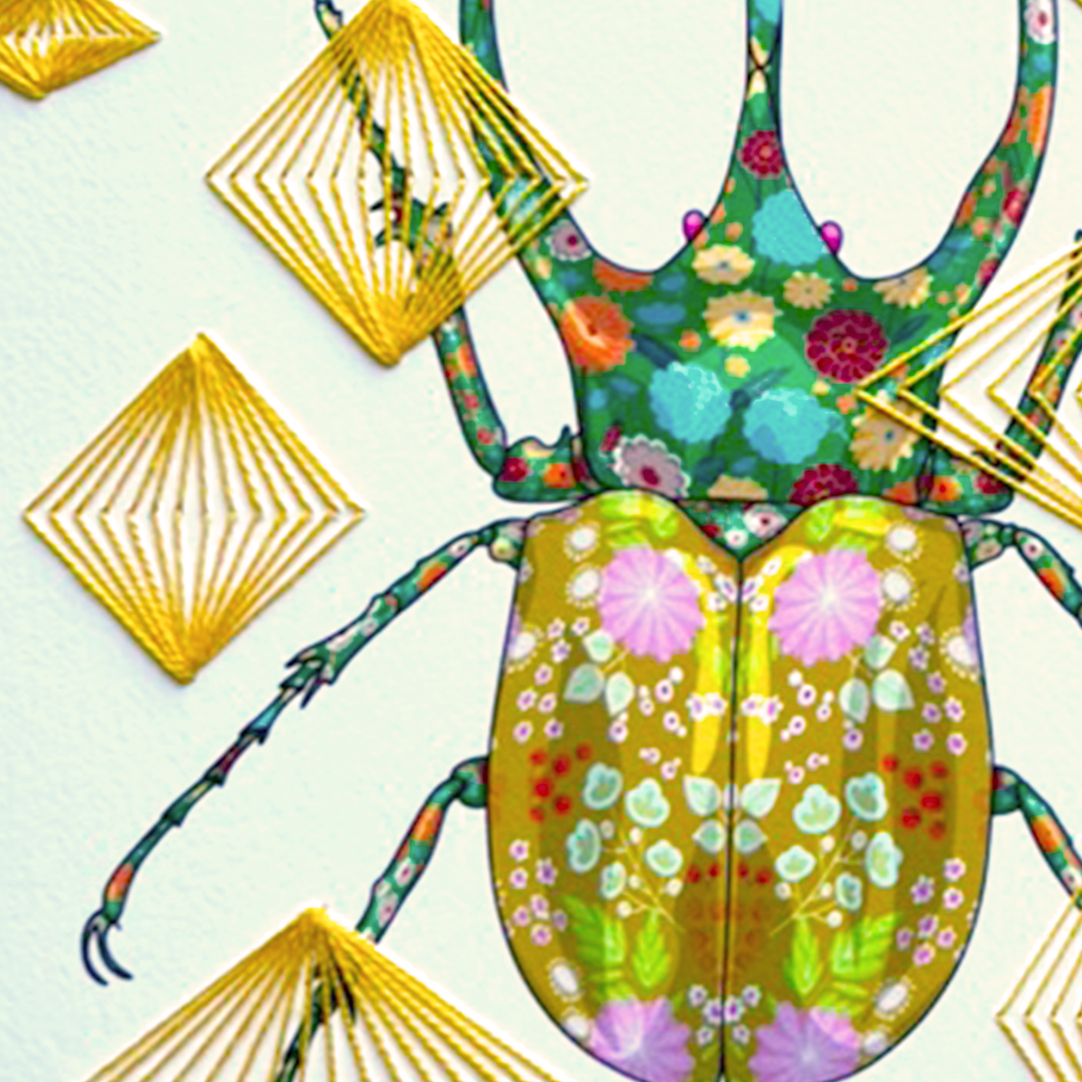 Rhinoceros Beetle mixed media with Yellow Rhombus Embroidery - custom framed with art glass