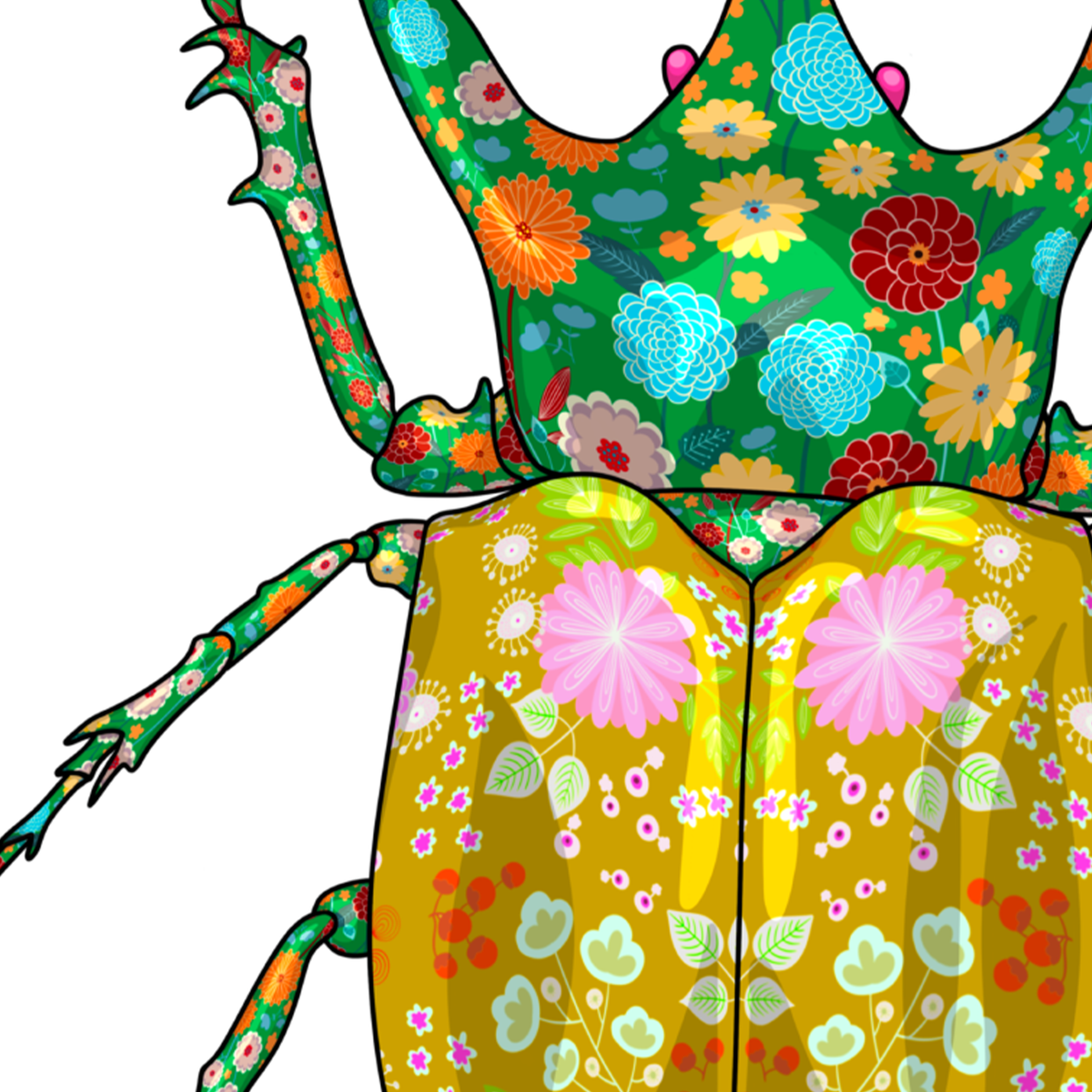 Rhinoceros Beetle mixed media with Yellow Rhombus Embroidery - custom framed with art glass