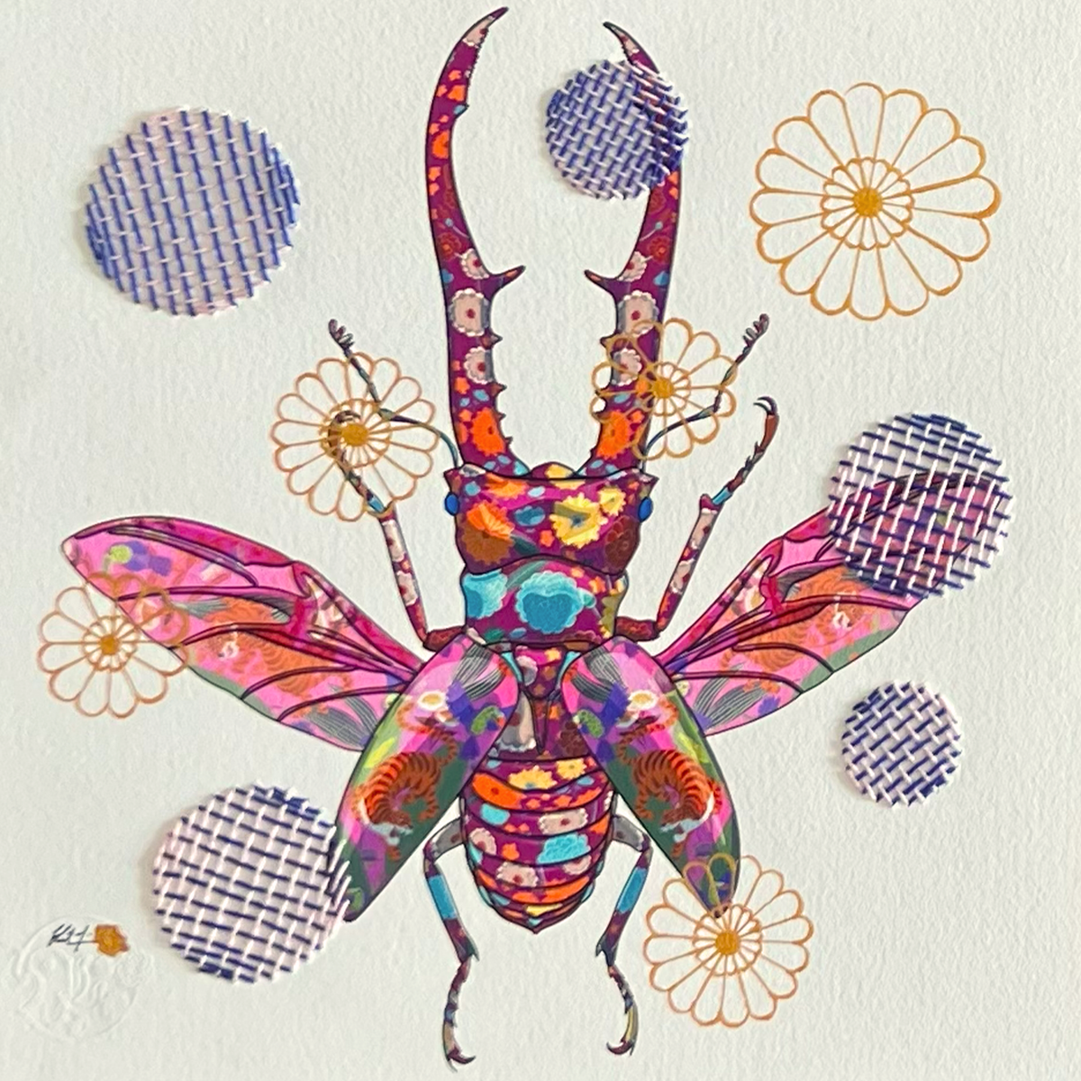 Stag Beetle mixed media with Cobalt Blue and Pink Basket Embroidery   - custom framed with art glass