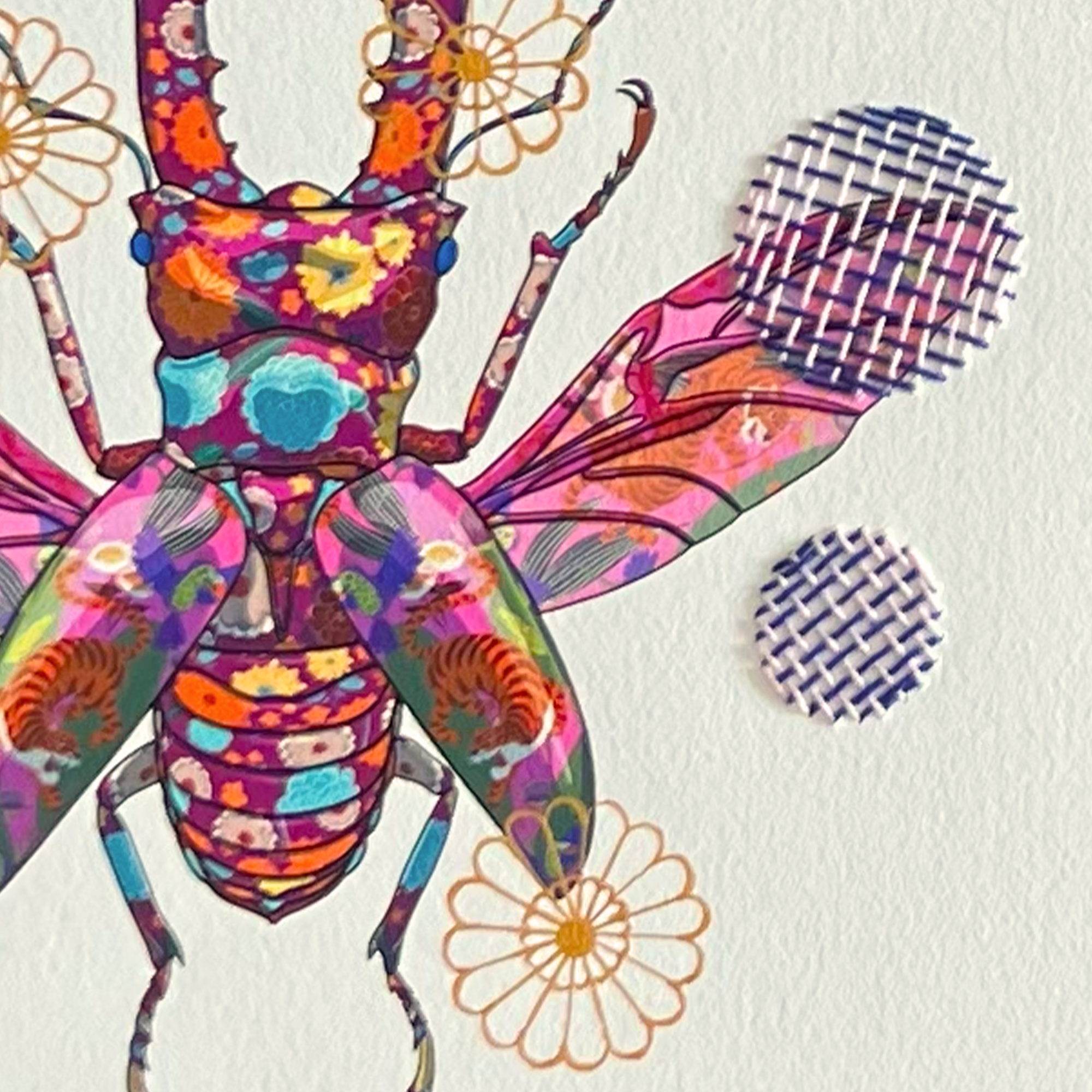 Stag Beetle mixed media with Cobalt Blue and Pink Basket Embroidery   - custom framed with art glass