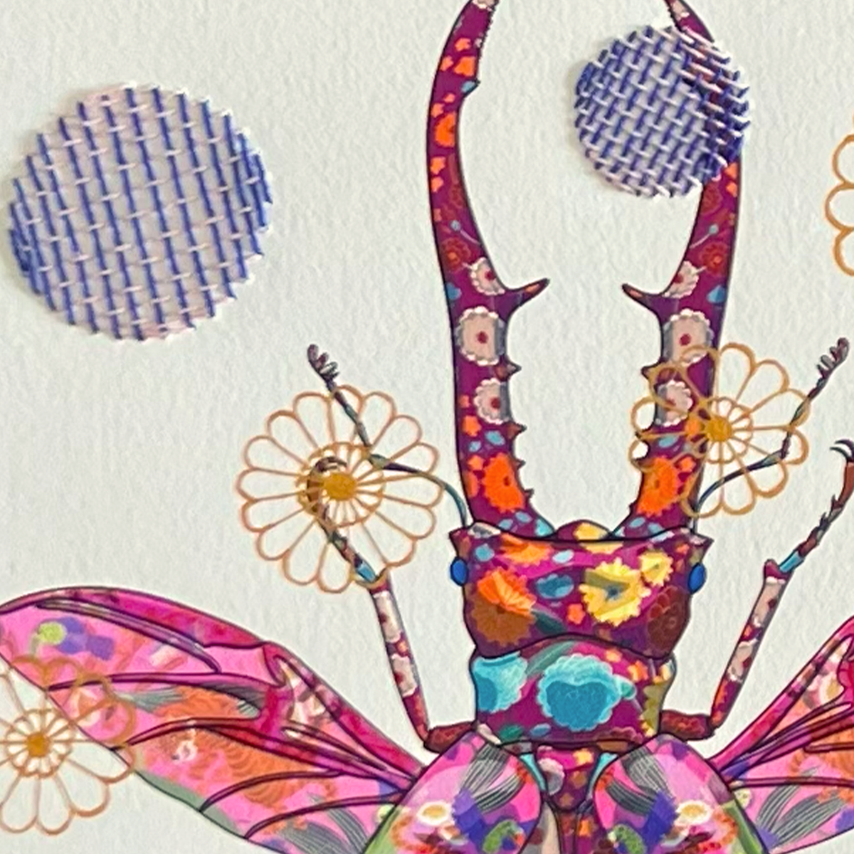 Stag Beetle mixed media with Cobalt Blue and Pink Basket Embroidery   - custom framed with art glass