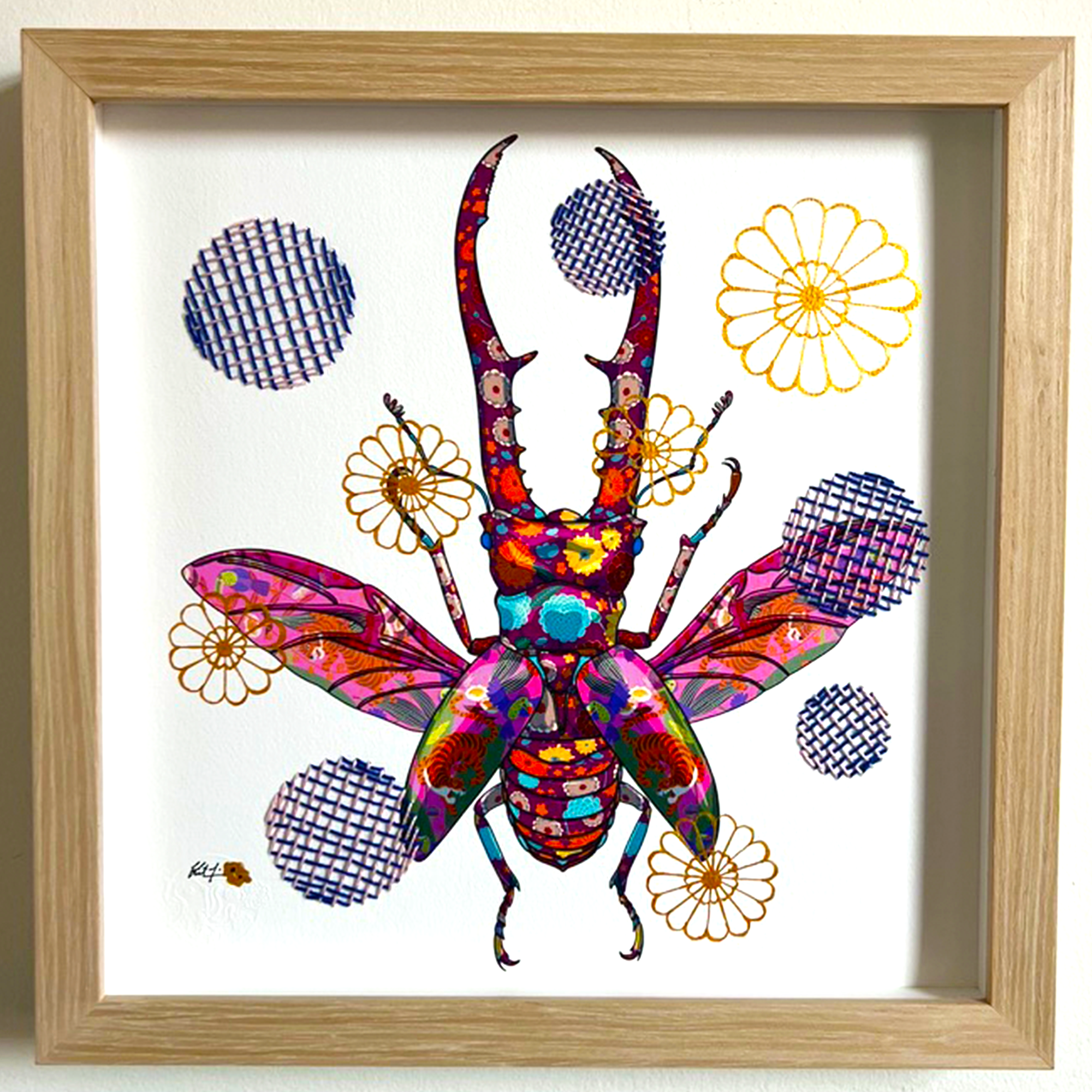 Stag Beetle mixed media with Cobalt Blue and Pink Basket Embroidery   - custom framed with art glass