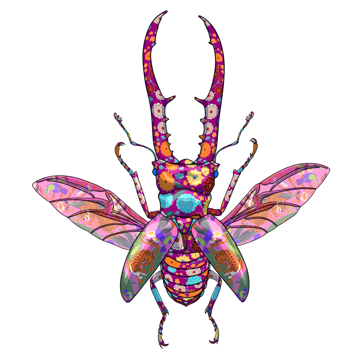 Stag Beetle mixed media with Cobalt Blue and Pink Basket Embroidery   - custom framed with art glass