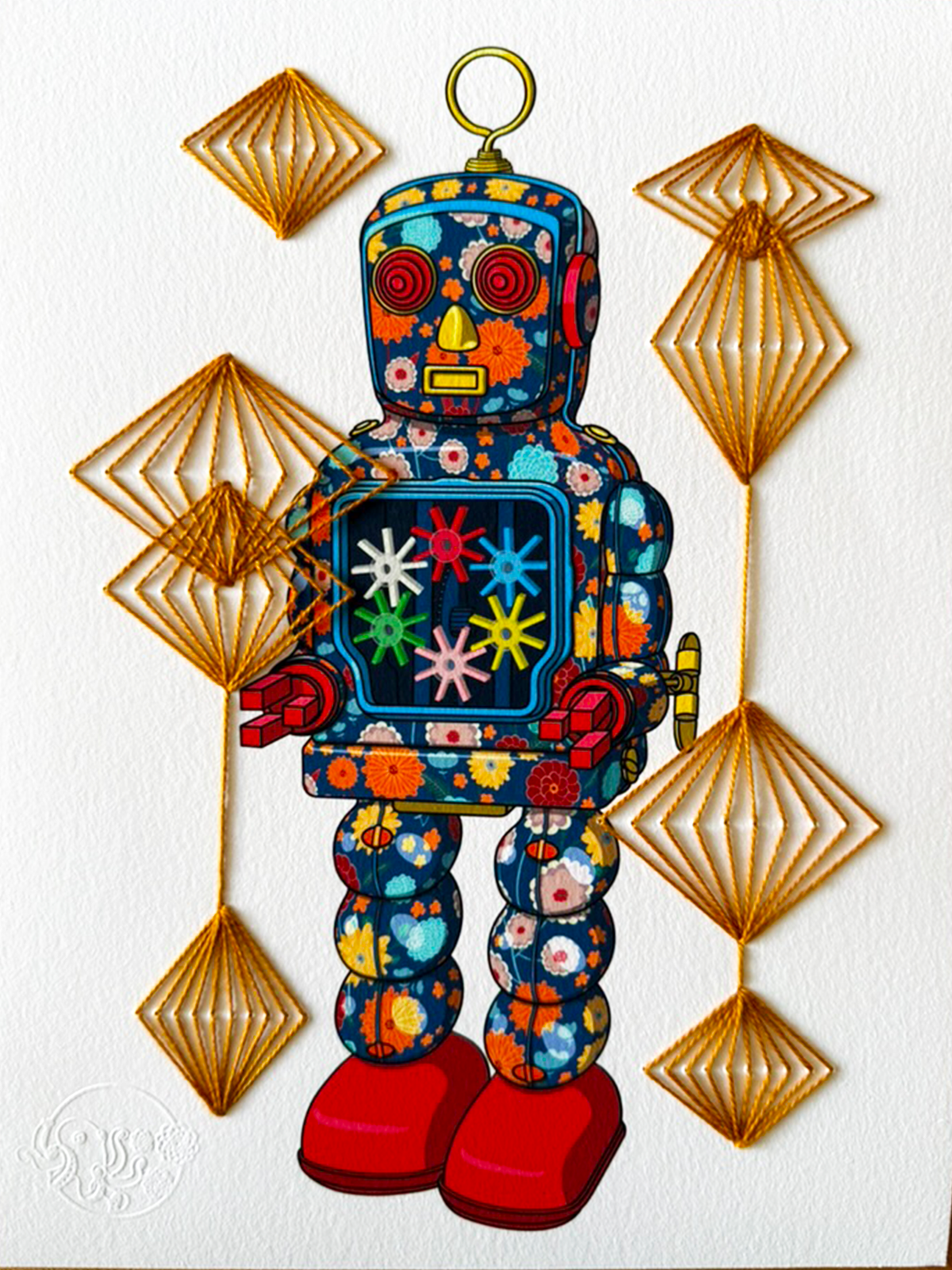 Tin Robot 3 mixed media with Dark Rhombus Embroidery - custom framed with art glass