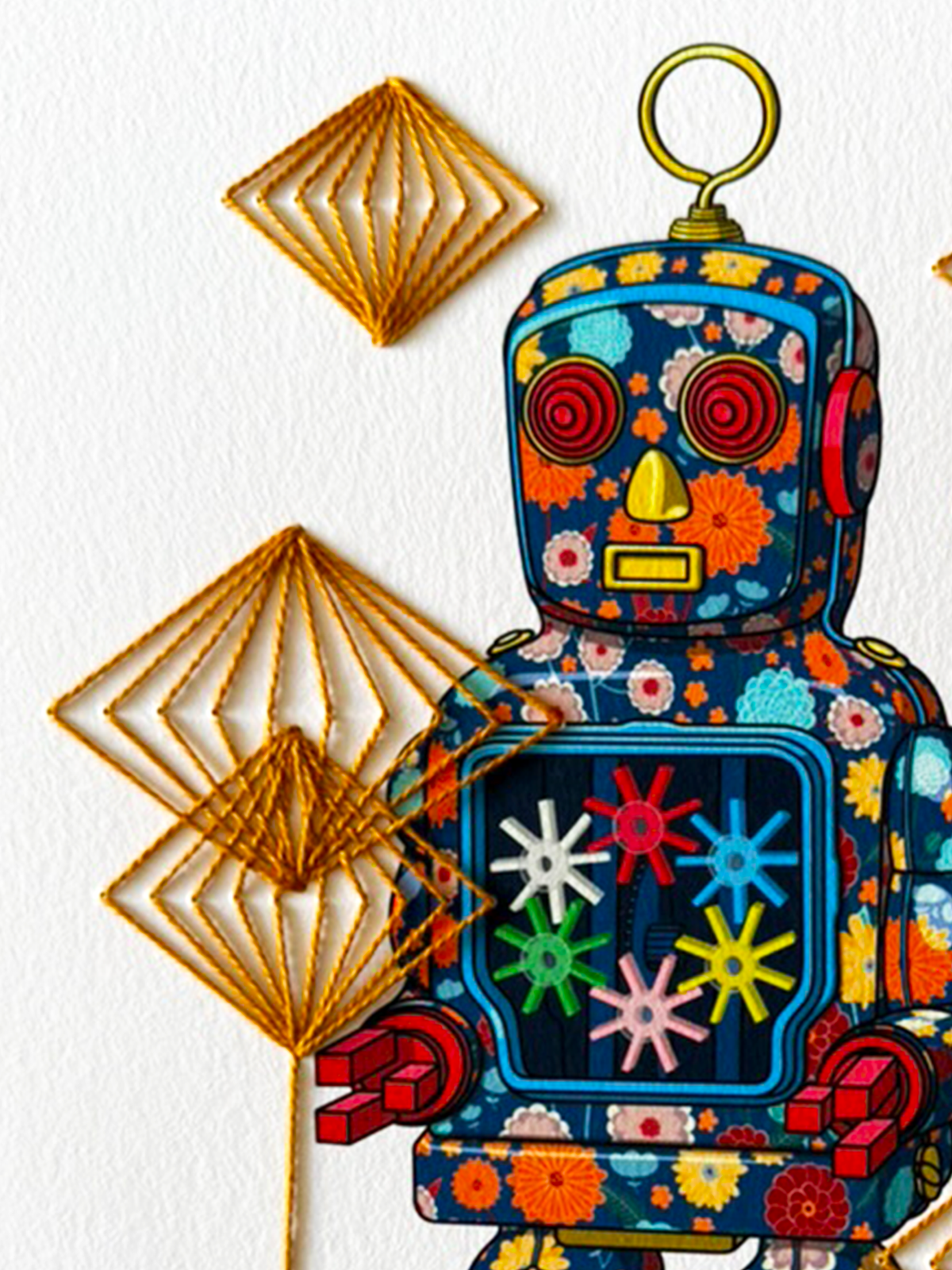 Tin Robot 3 mixed media with Dark Rhombus Embroidery - custom framed with art glass