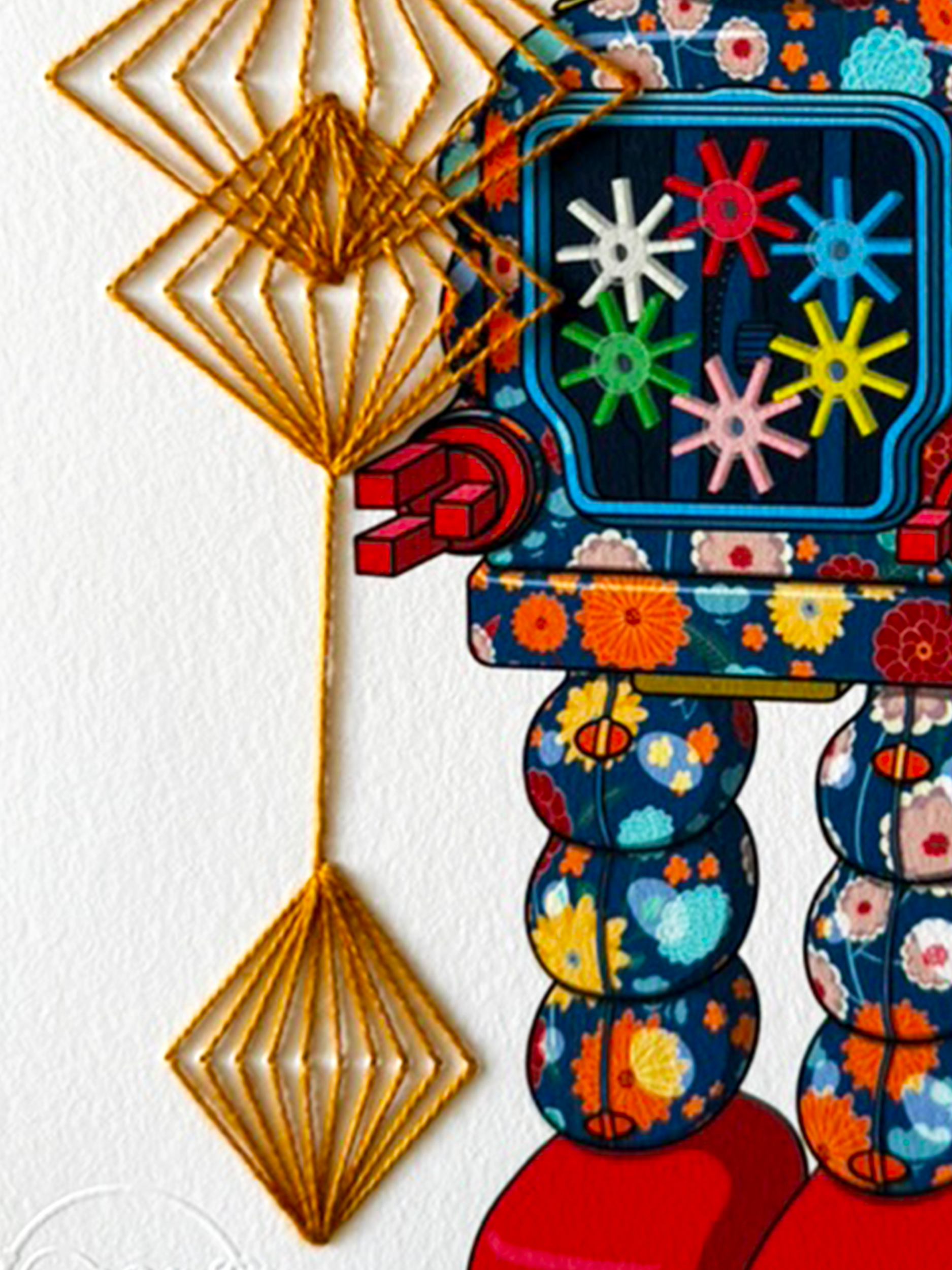 Tin Robot 3 mixed media with Dark Rhombus Embroidery - custom framed with art glass