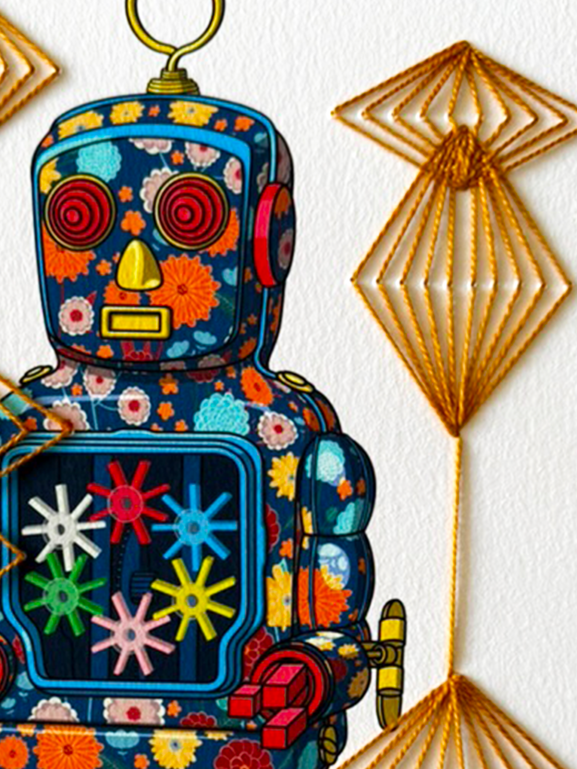 Tin Robot 3 mixed media with Dark Rhombus Embroidery - custom framed with art glass