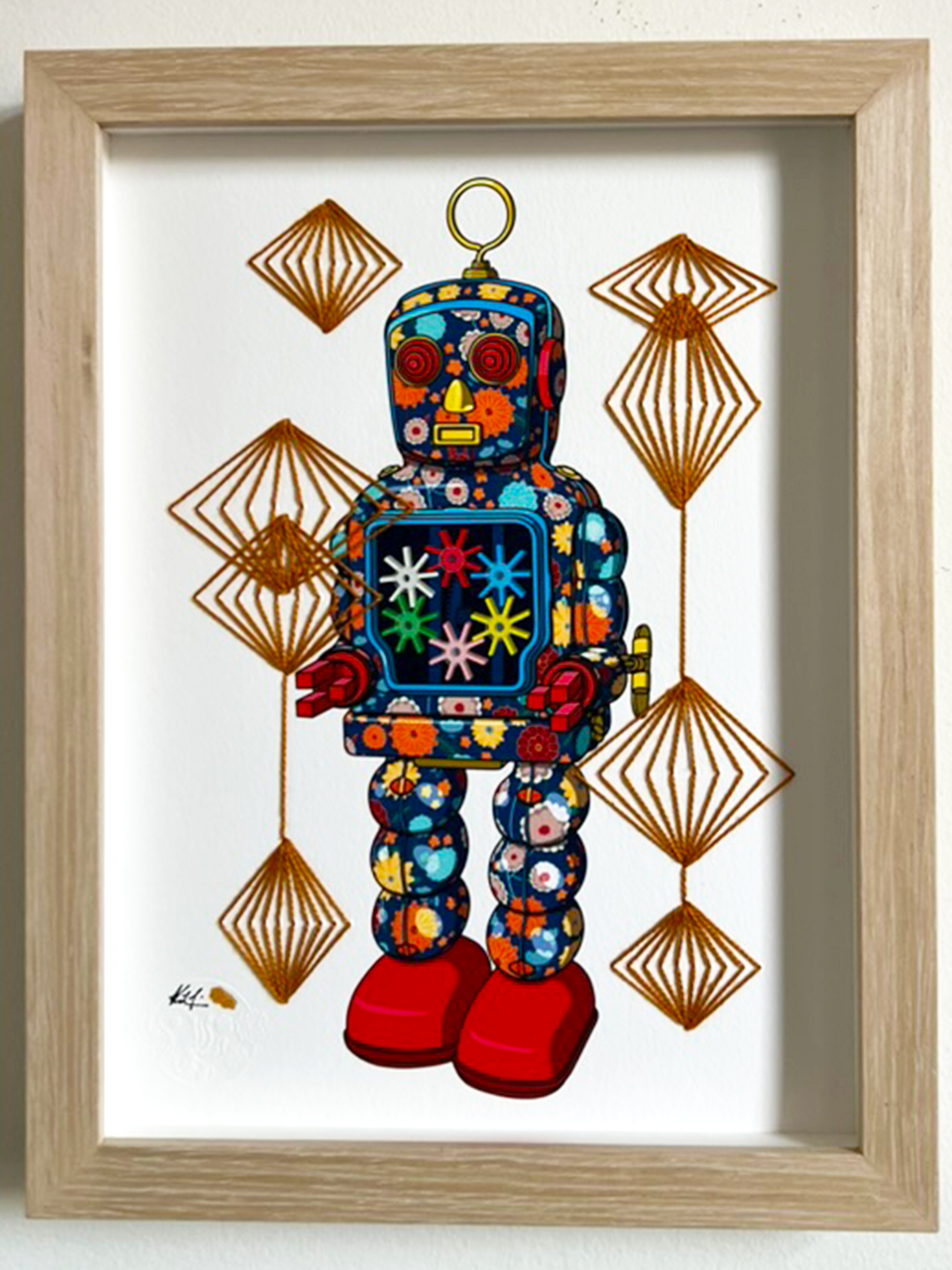 Tin Robot 3 mixed media with Dark Rhombus Embroidery - custom framed with art glass