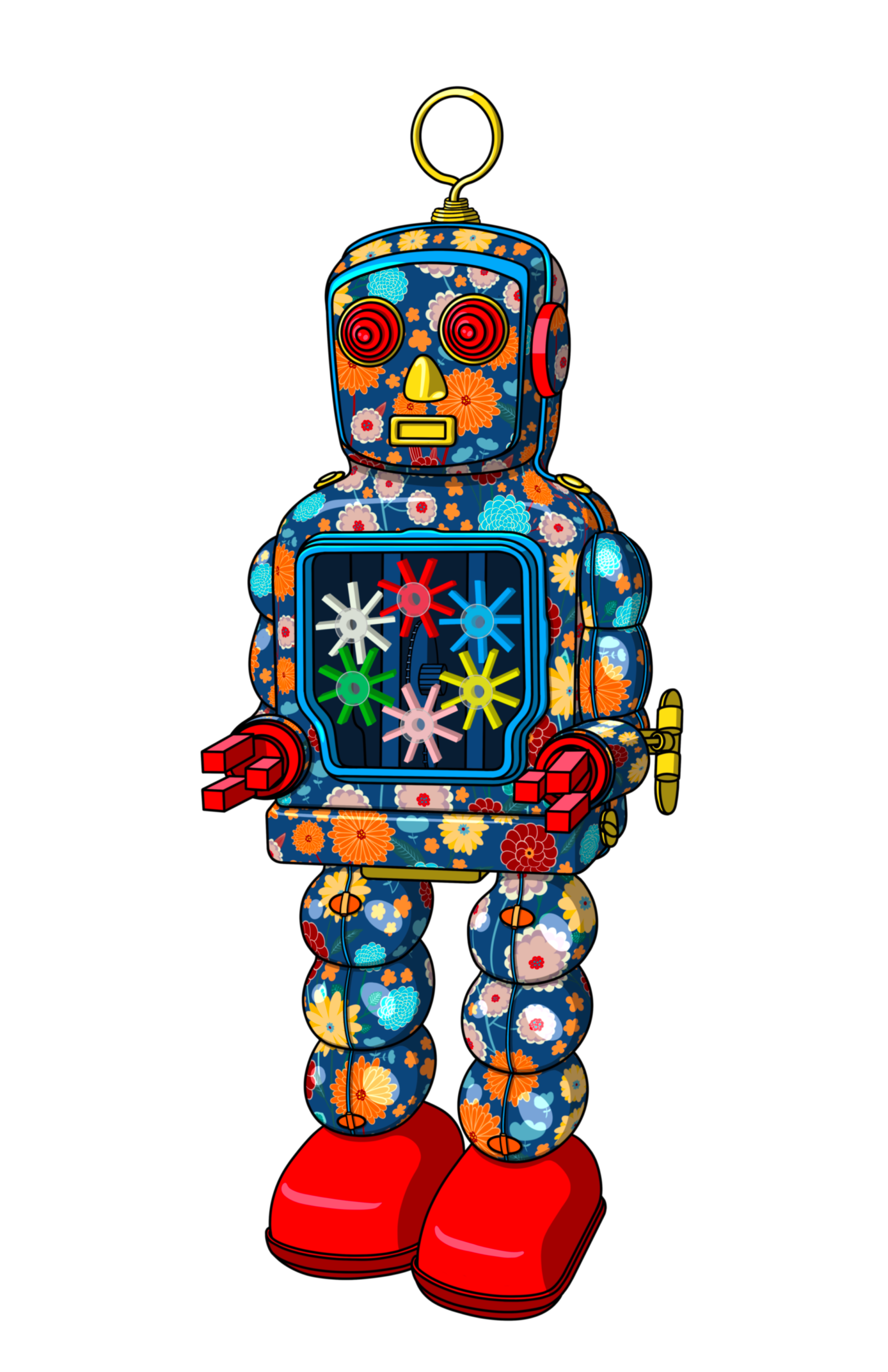 Tin Robot 3 mixed media with Dark Rhombus Embroidery - custom framed with art glass
