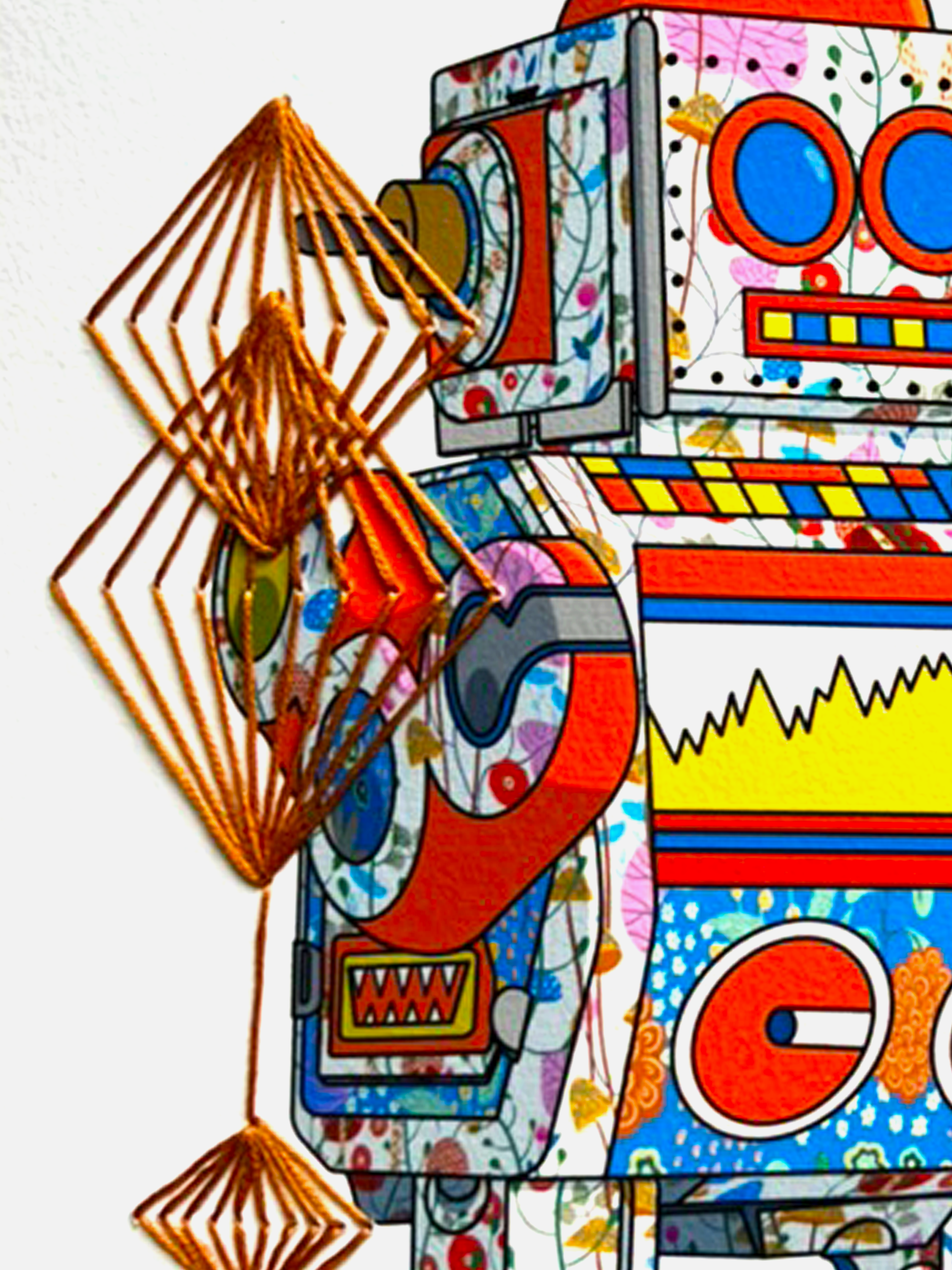 Tin Robot 5 mixed media with Copper Rhombus Embroidery - custom framed with art glass