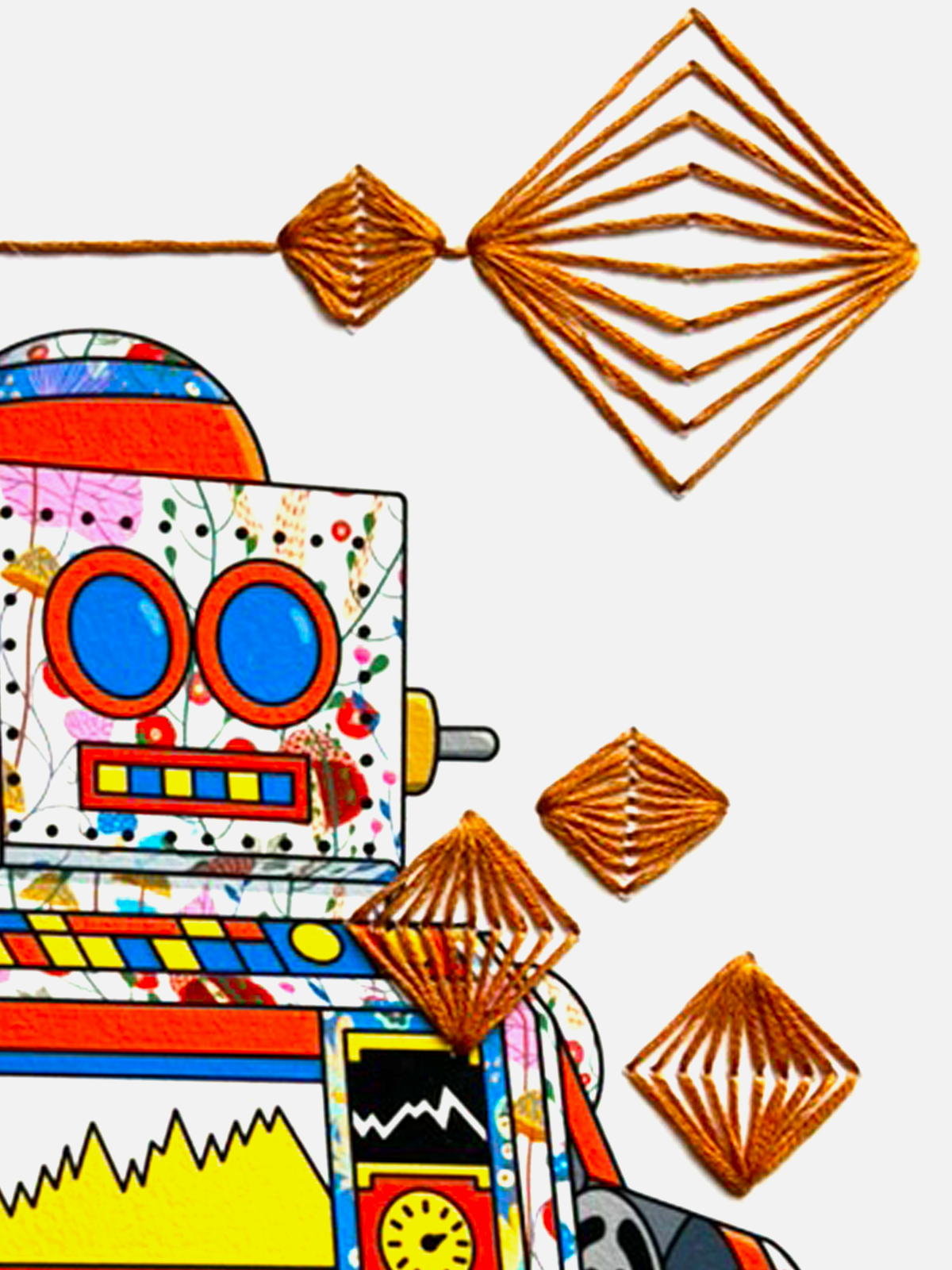 Tin Robot 5 mixed media with Copper Rhombus Embroidery - custom framed with art glass