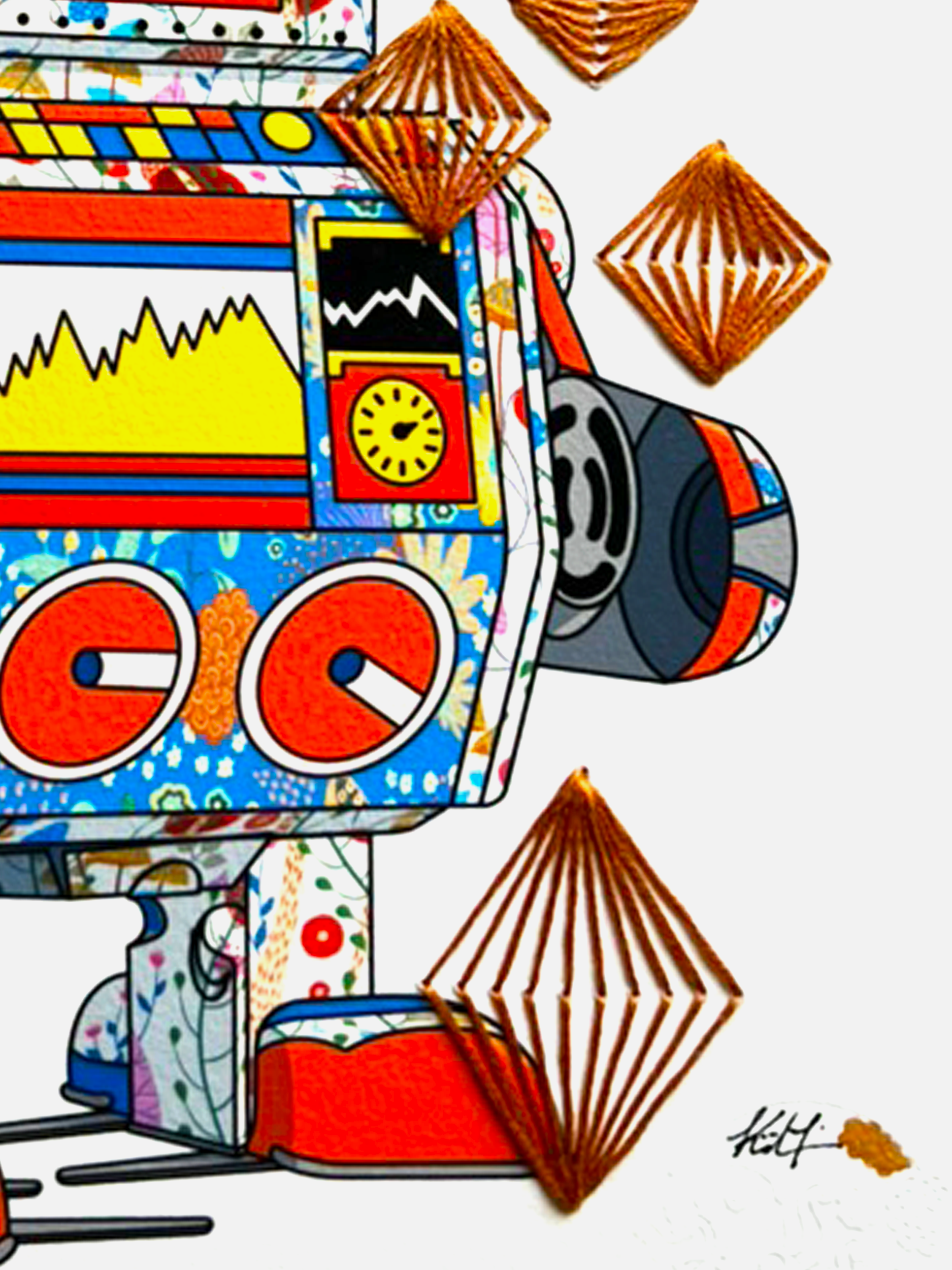 Tin Robot 5 mixed media with Copper Rhombus Embroidery - custom framed with art glass