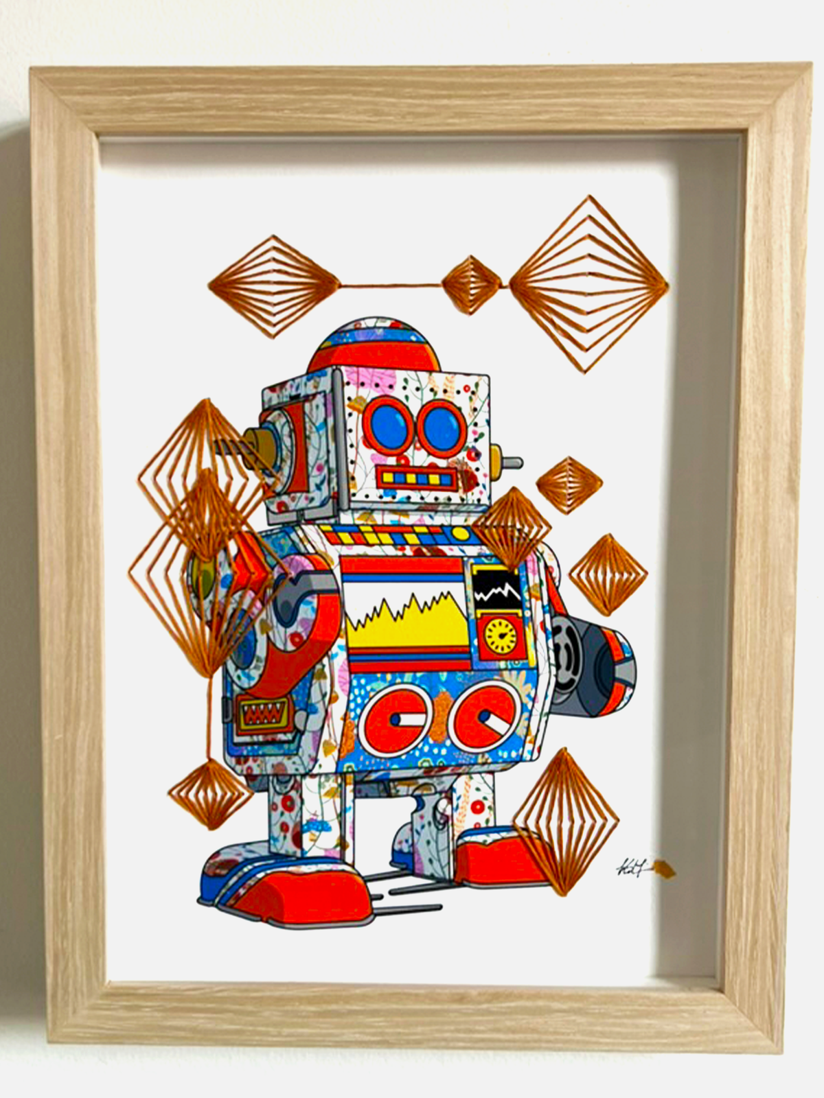 Tin Robot 5 mixed media with Copper Rhombus Embroidery - custom framed with art glass