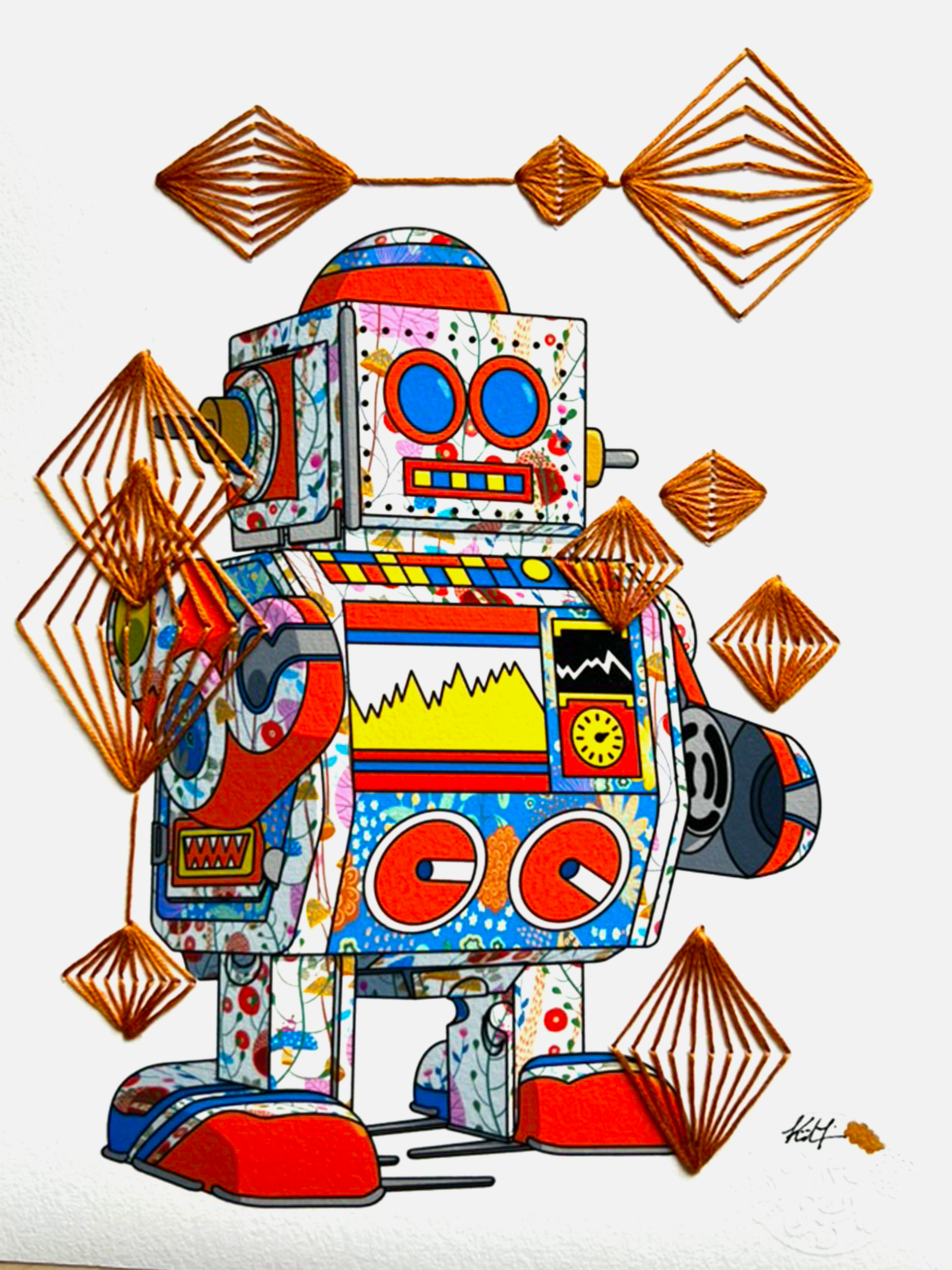 Tin Robot 5 mixed media with Copper Rhombus Embroidery - custom framed with art glass